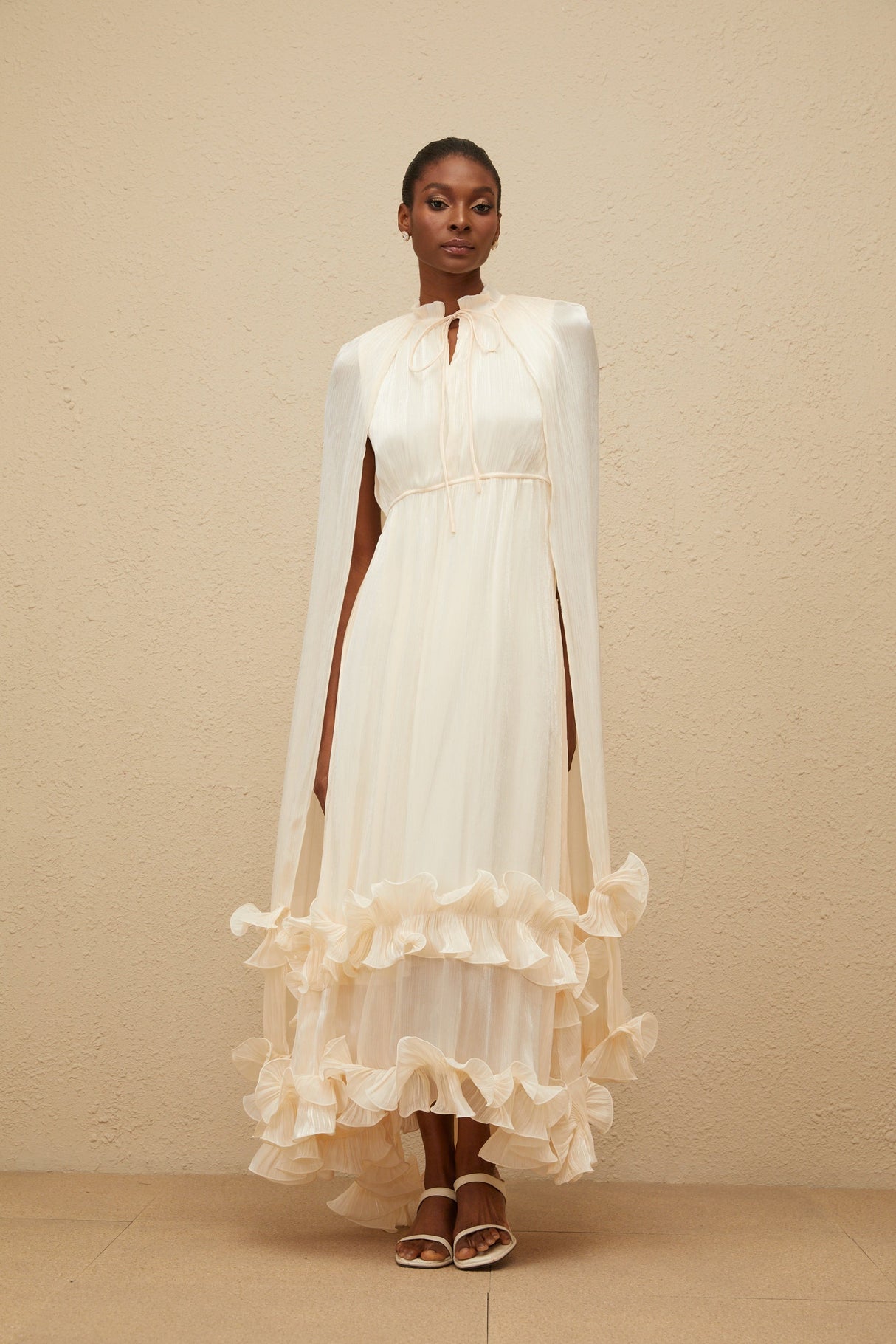Aurohaya Intemporelle Neutral Cape Pleated Midi Dress