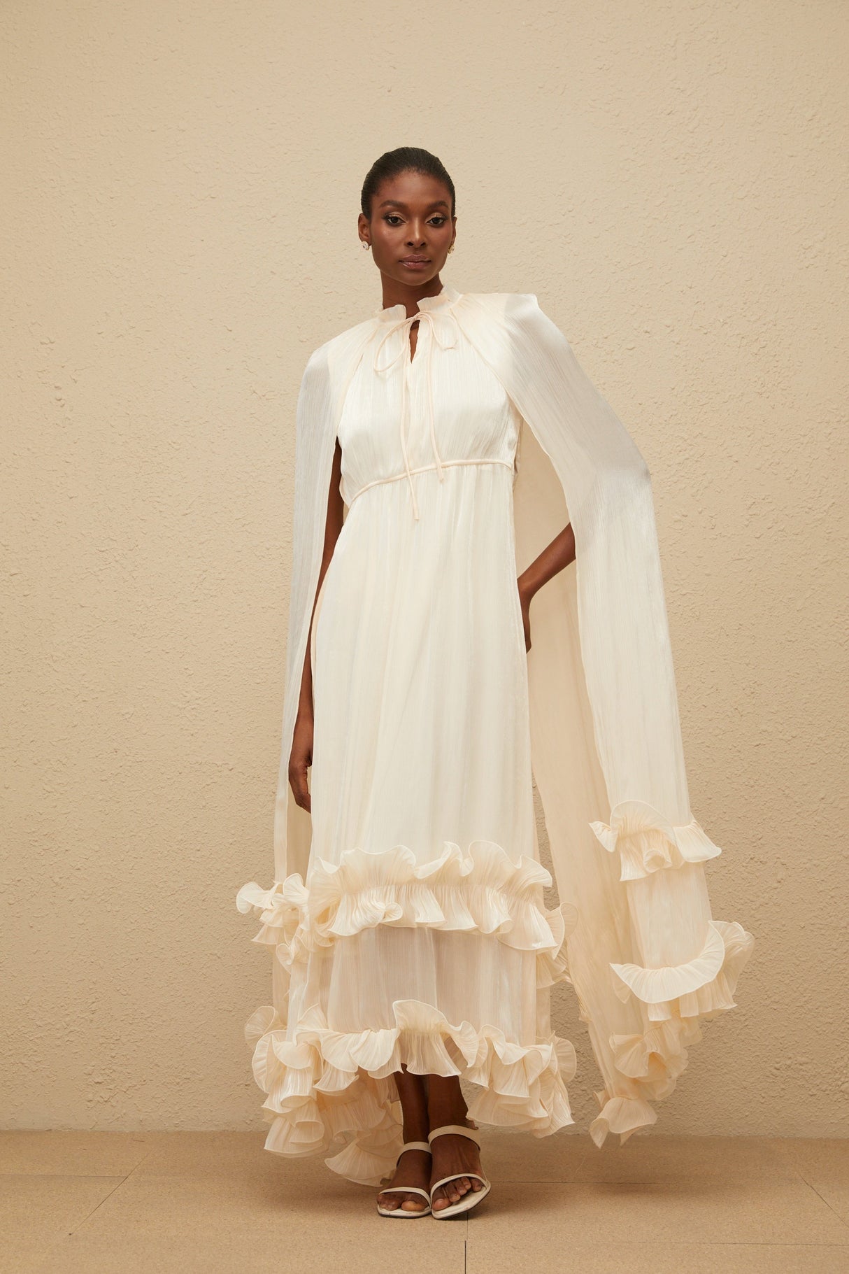 Aurohaya Intemporelle Neutral Cape Pleated Midi Dress