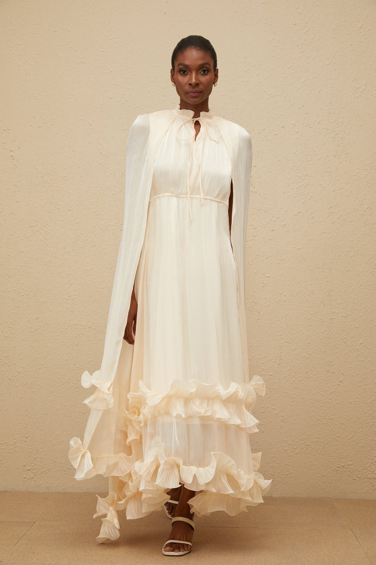 Aurohaya Intemporelle Neutral Cape Pleated Midi Dress