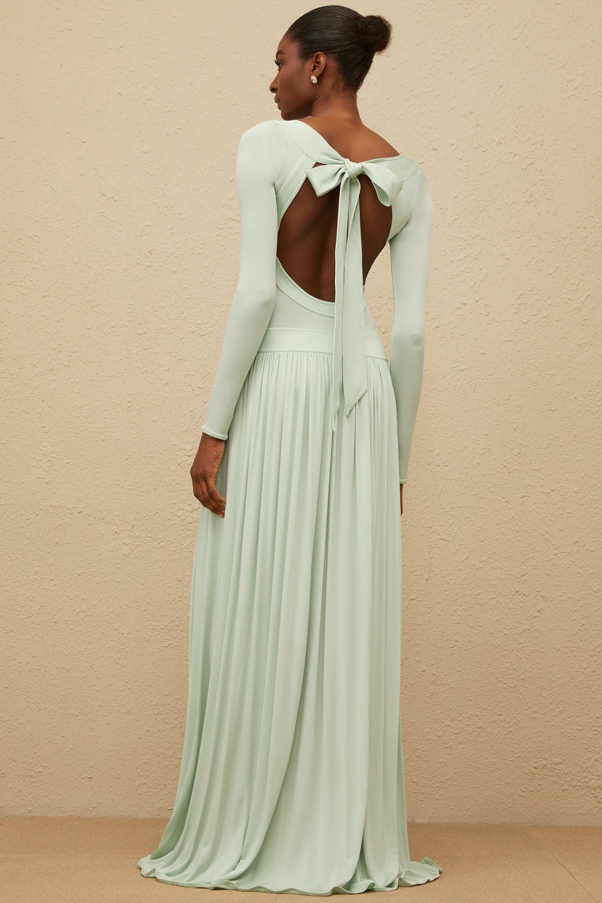 Aurohaya Campagne Green Open-Back Shirred Maxi Dress