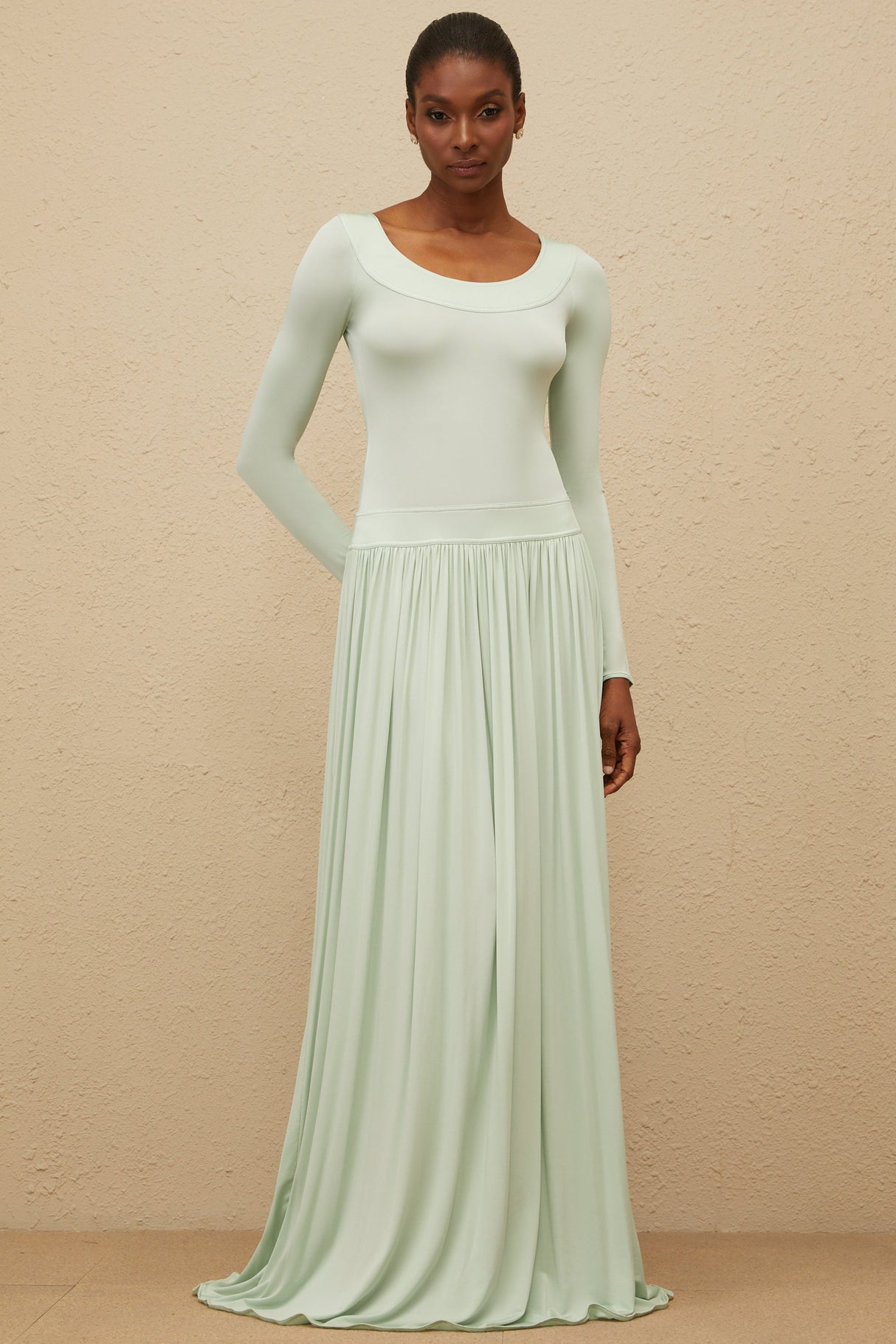 Aurohaya Campagne Green Open-Back Shirred Maxi Dress