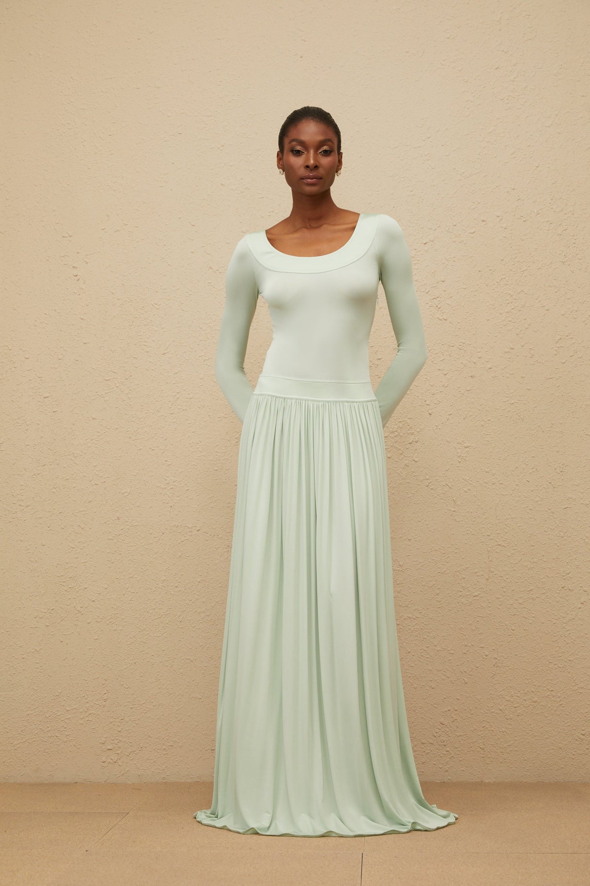 Aurohaya Campagne Green Open-Back Shirred Maxi Dress