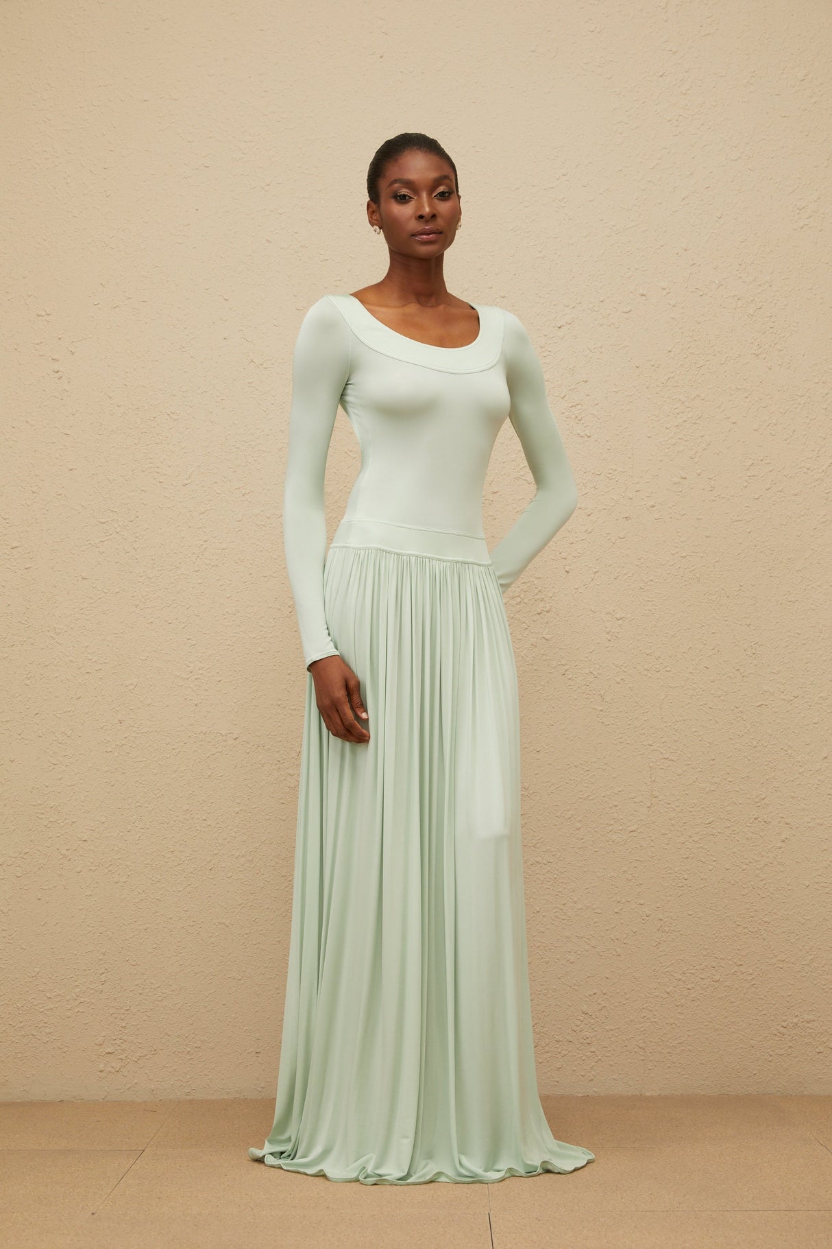 Aurohaya Campagne Green Open-Back Shirred Maxi Dress