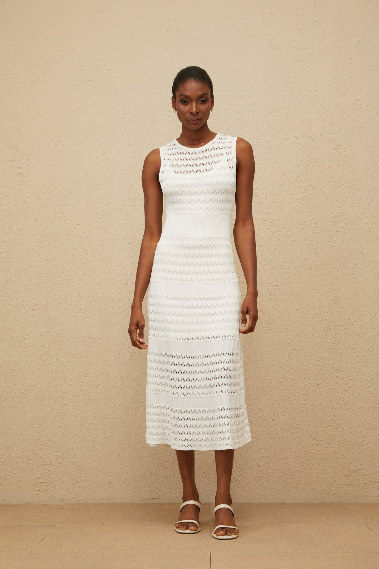 Aurohaya Clothilde White Shirred Crochet Knit Midi Dress