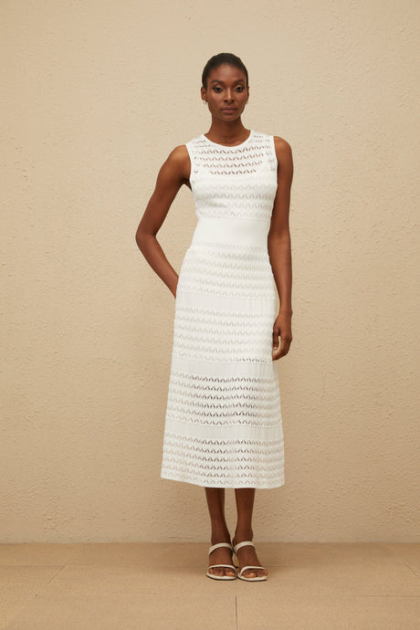 Aurohaya Clothilde White Shirred Crochet Knit Midi Dress