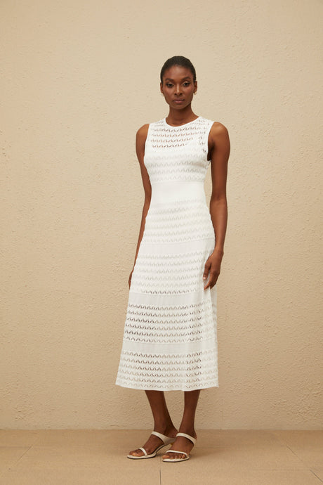 Aurohaya Clothilde White Shirred Crochet Knit Midi Dress