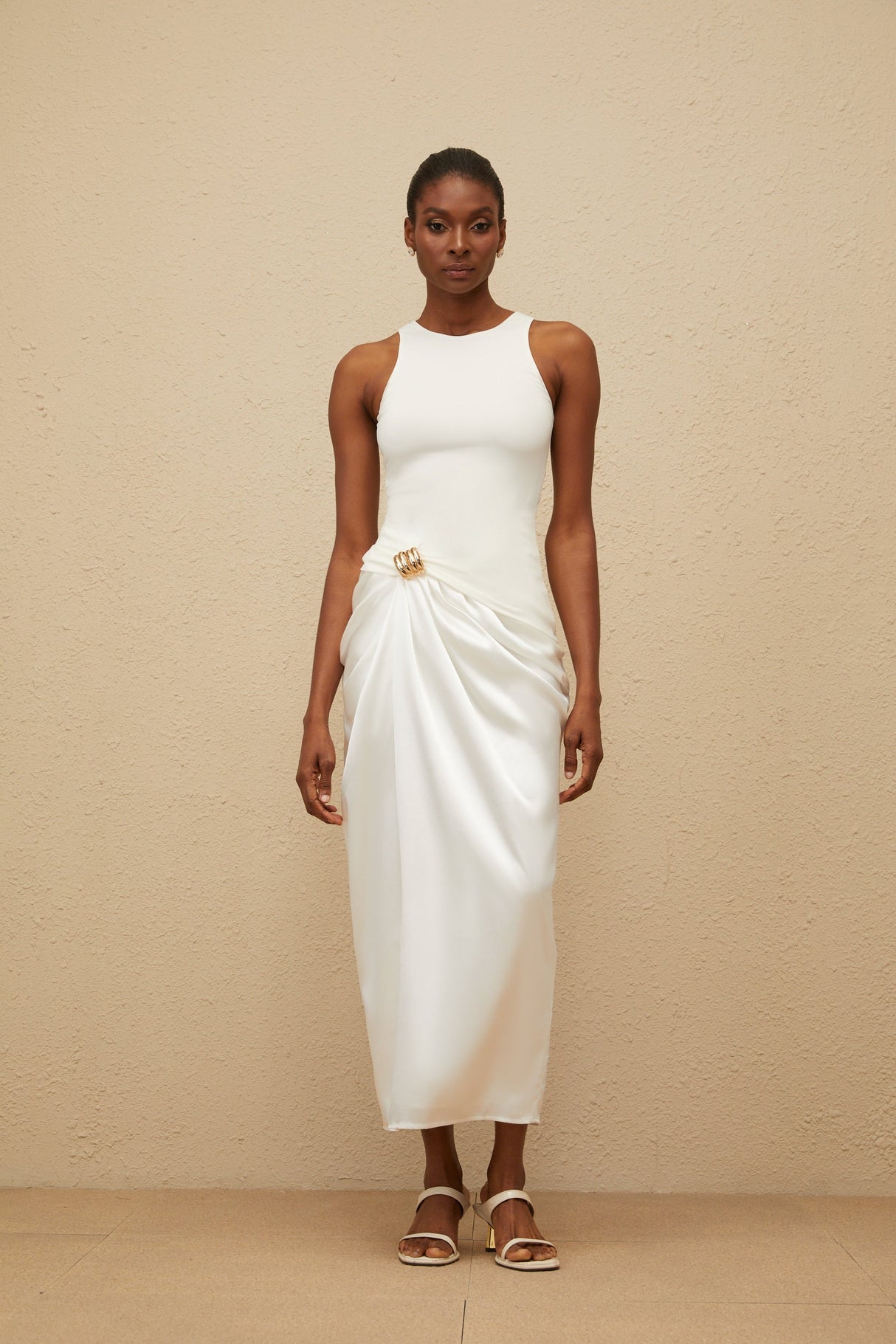 Aurohaya Paloma White Ruched Panel Midi Dress