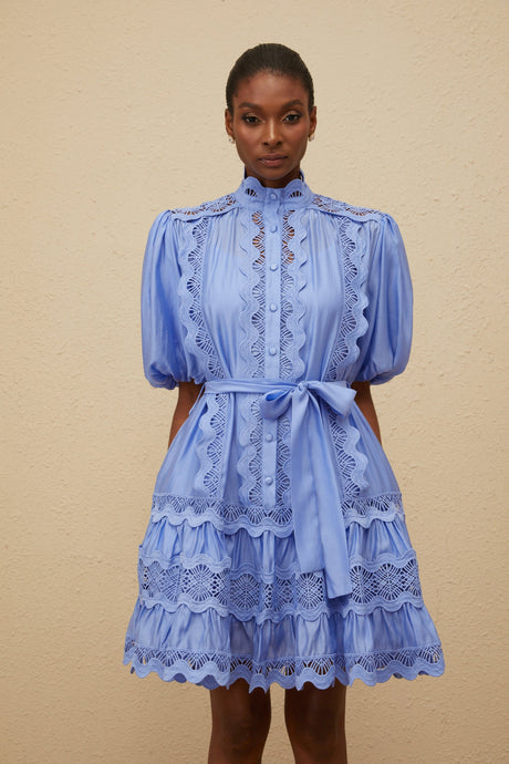 Aurohaya Poema Blue Tiered Motif Embroidered Mini Dress