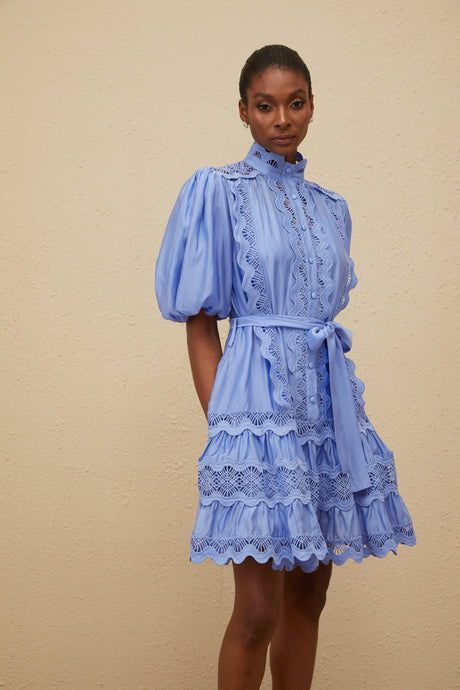 Aurohaya Poema Blue Tiered Motif Embroidered Mini Dress