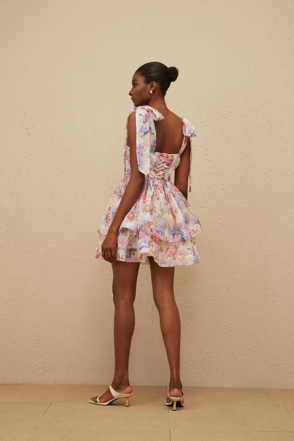 Aurohaya Hélène Pink Flounced Floral Print Mini Dress