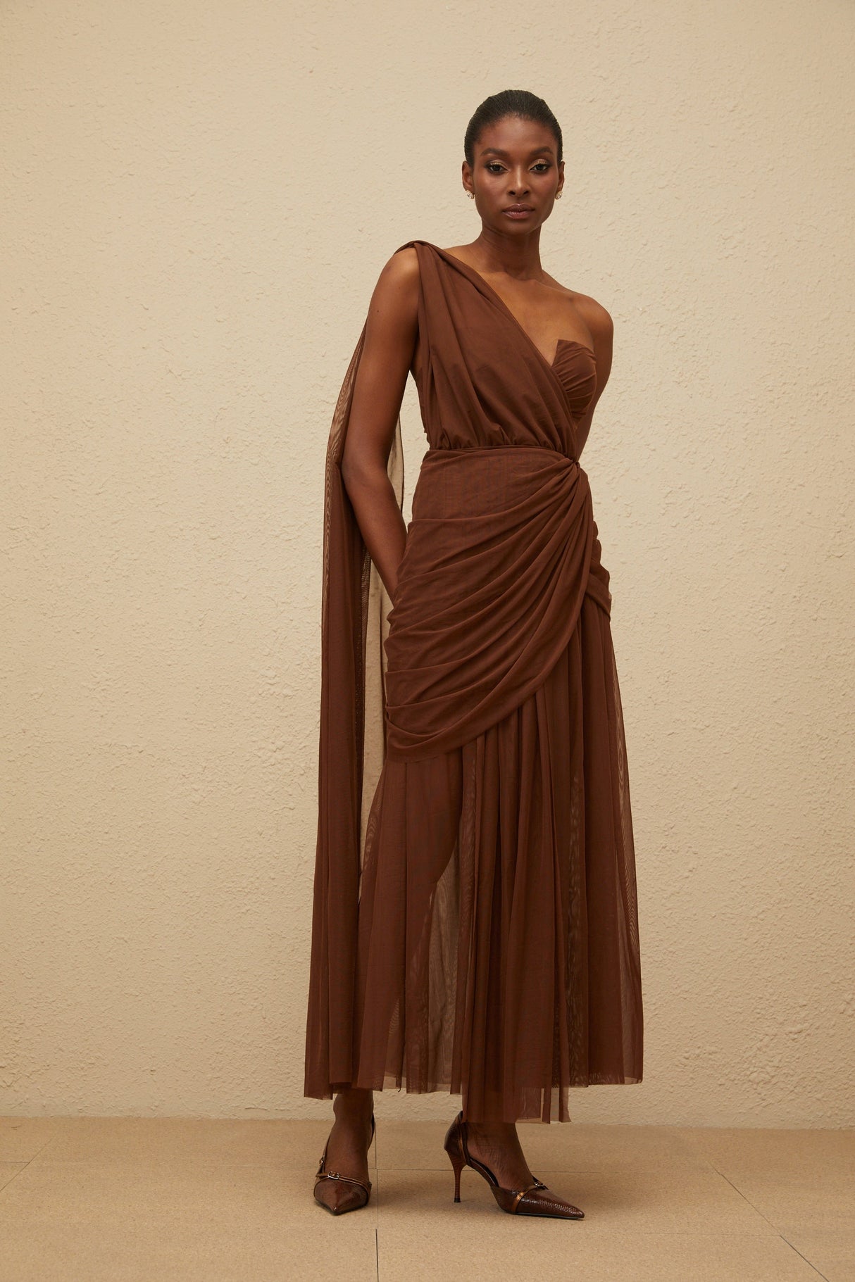 Aurohaya Agathe Brown Asymmetrical Evening Maxi Gown
