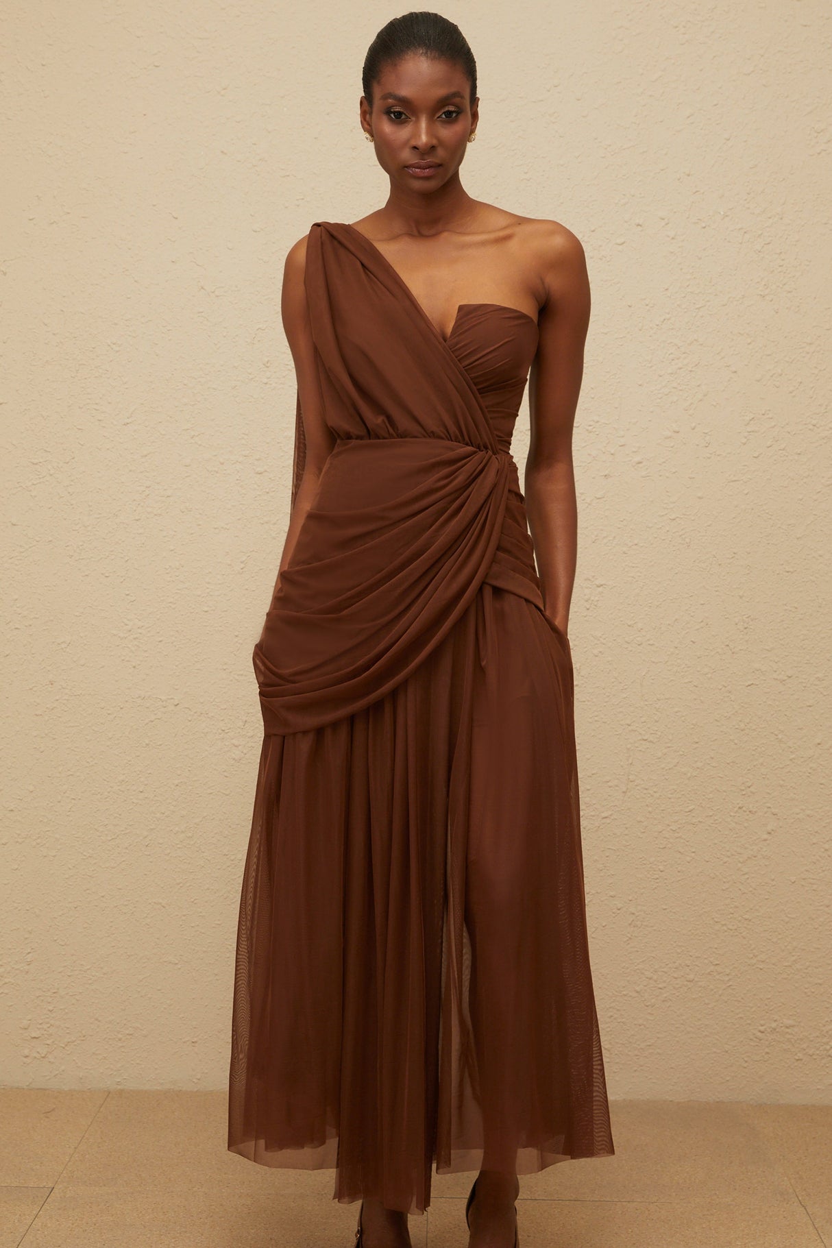 Aurohaya Agathe Brown Asymmetrical Evening Maxi Gown