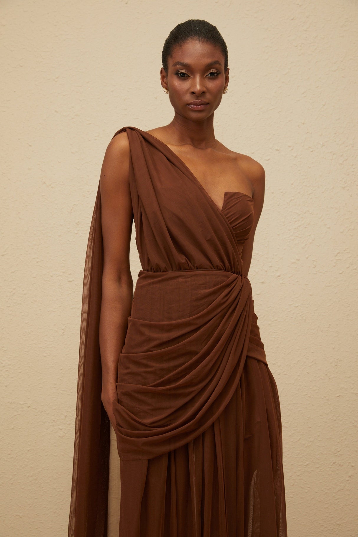 Aurohaya Agathe Brown Asymmetrical Evening Maxi Gown
