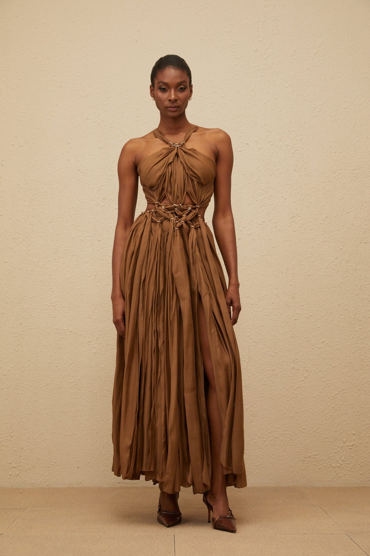 Aurohaya Déotille Brown Braided Cutout Shirred Midi Dress