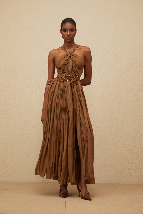 Aurohaya Déotille Brown Braided Cutout Shirred Midi Dress