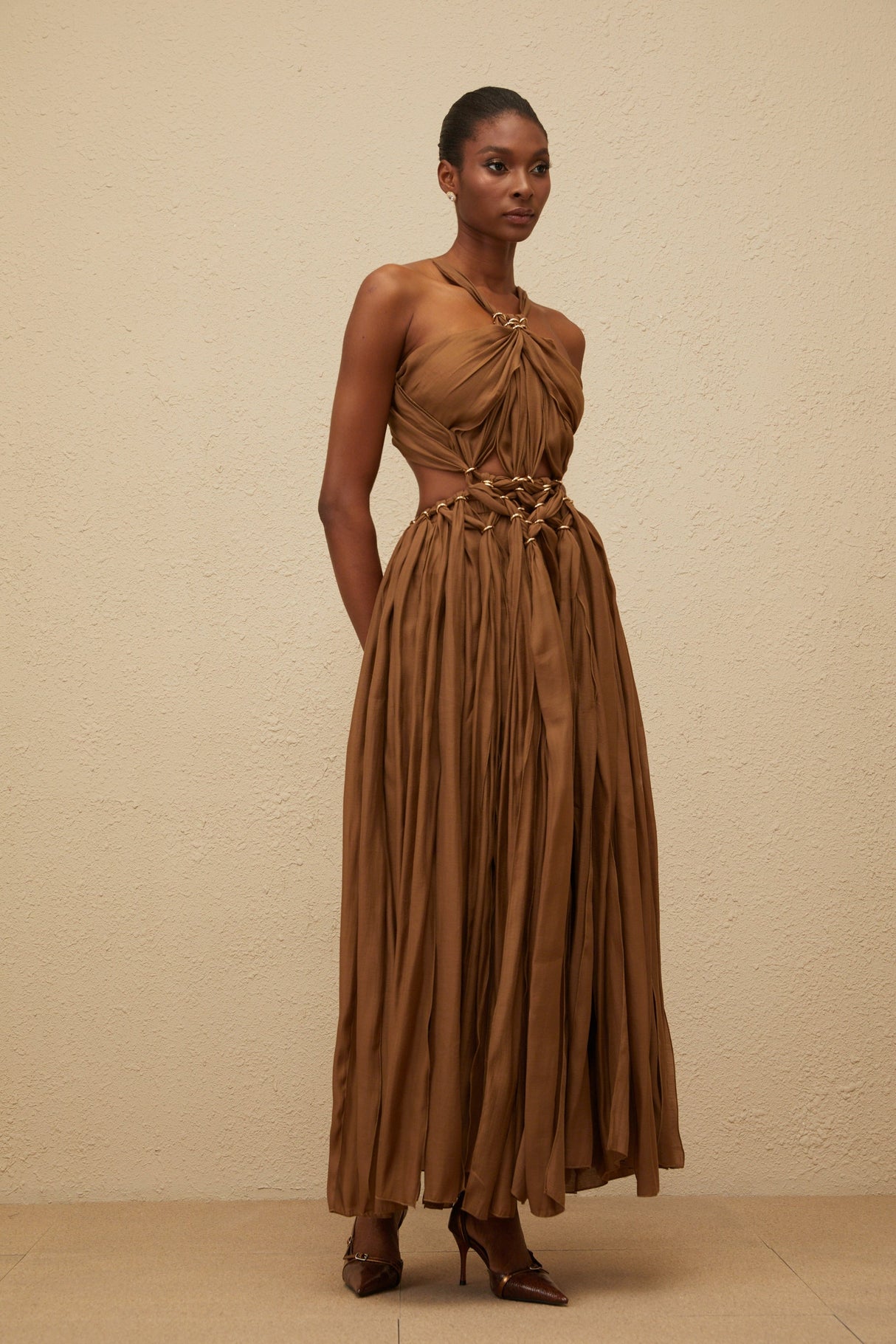 Aurohaya Déotille Brown Braided Cutout Shirred Midi Dress