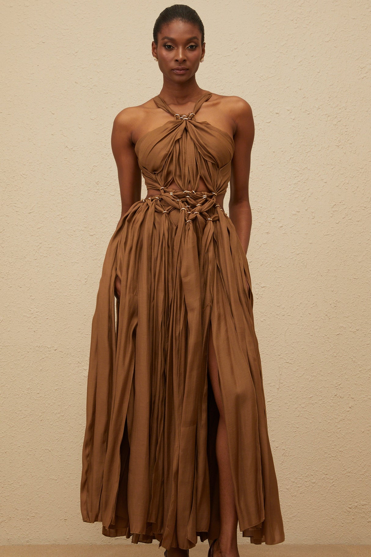 Aurohaya Déotille Brown Braided Cutout Shirred Midi Dress