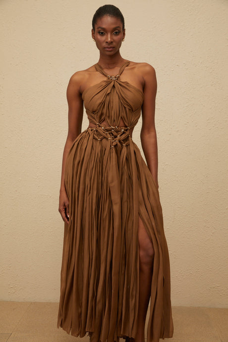 Aurohaya Déotille Brown Braided Cutout Shirred Midi Dress