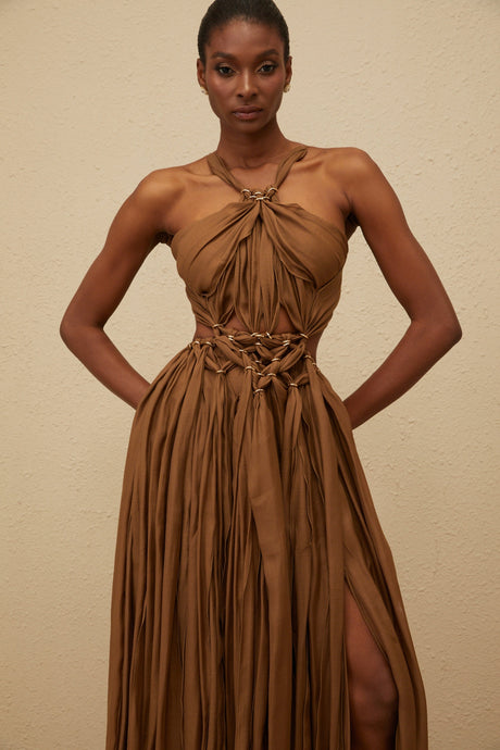 Aurohaya Déotille Brown Braided Cutout Shirred Midi Dress
