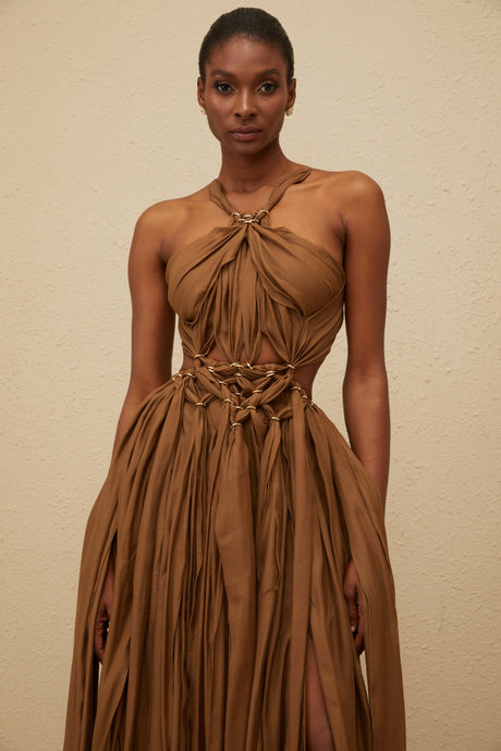 Aurohaya Déotille Brown Braided Cutout Shirred Midi Dress