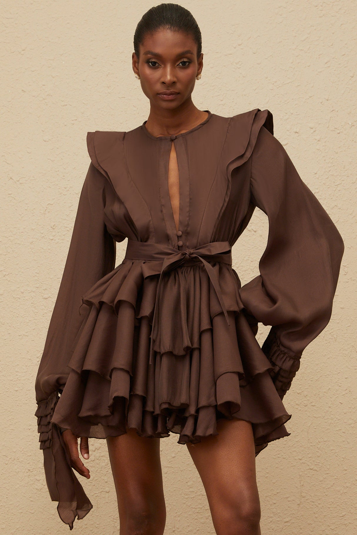 Aurohaya Annabelle Brown Cutout Ruffled Mini Dress