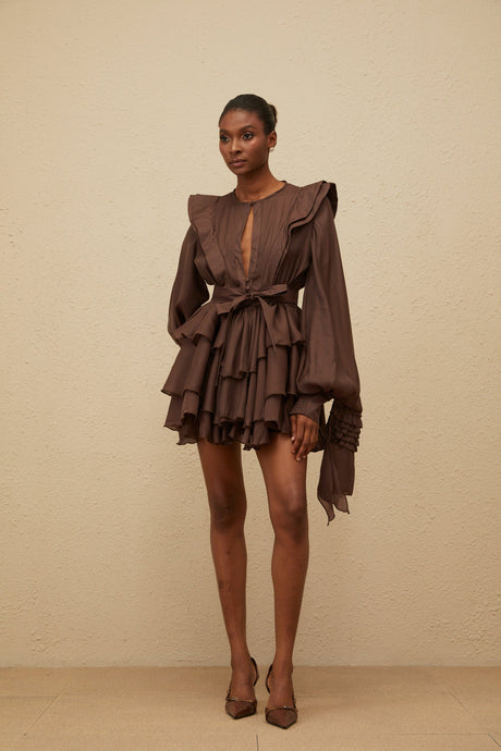 Aurohaya Annabelle Brown Cutout Ruffled Mini Dress