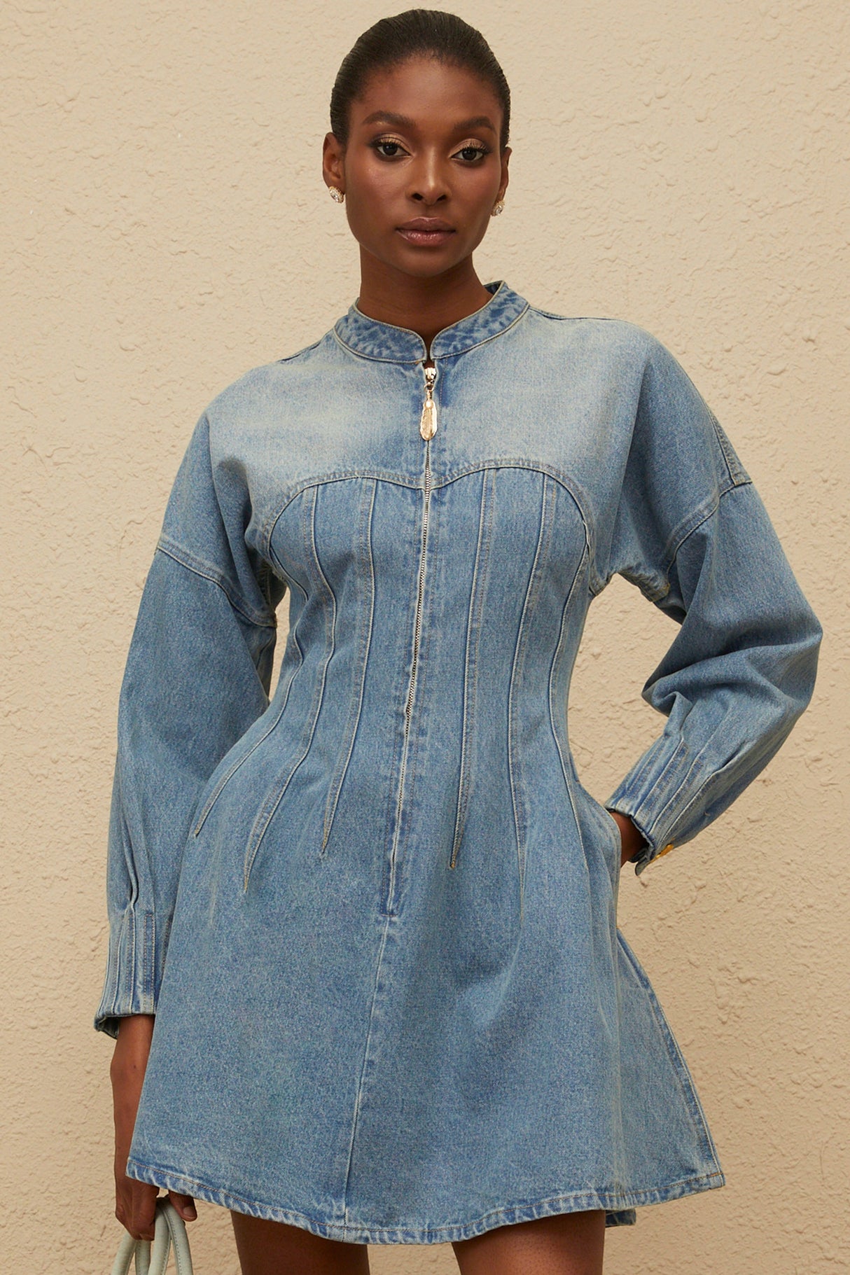 Aurohaya Esme Blue Flared Denim Mini Dress