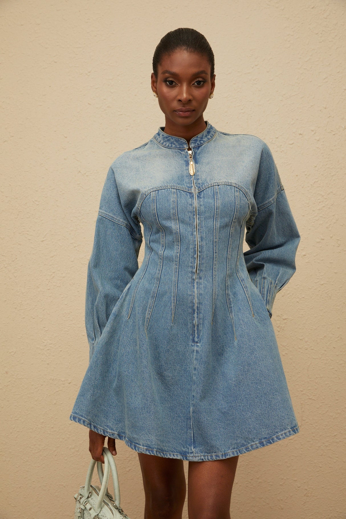 Aurohaya Esme Blue Flared Denim Mini Dress