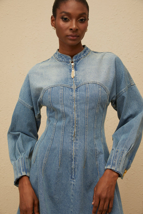 Aurohaya Esme Blue Flared Denim Mini Dress