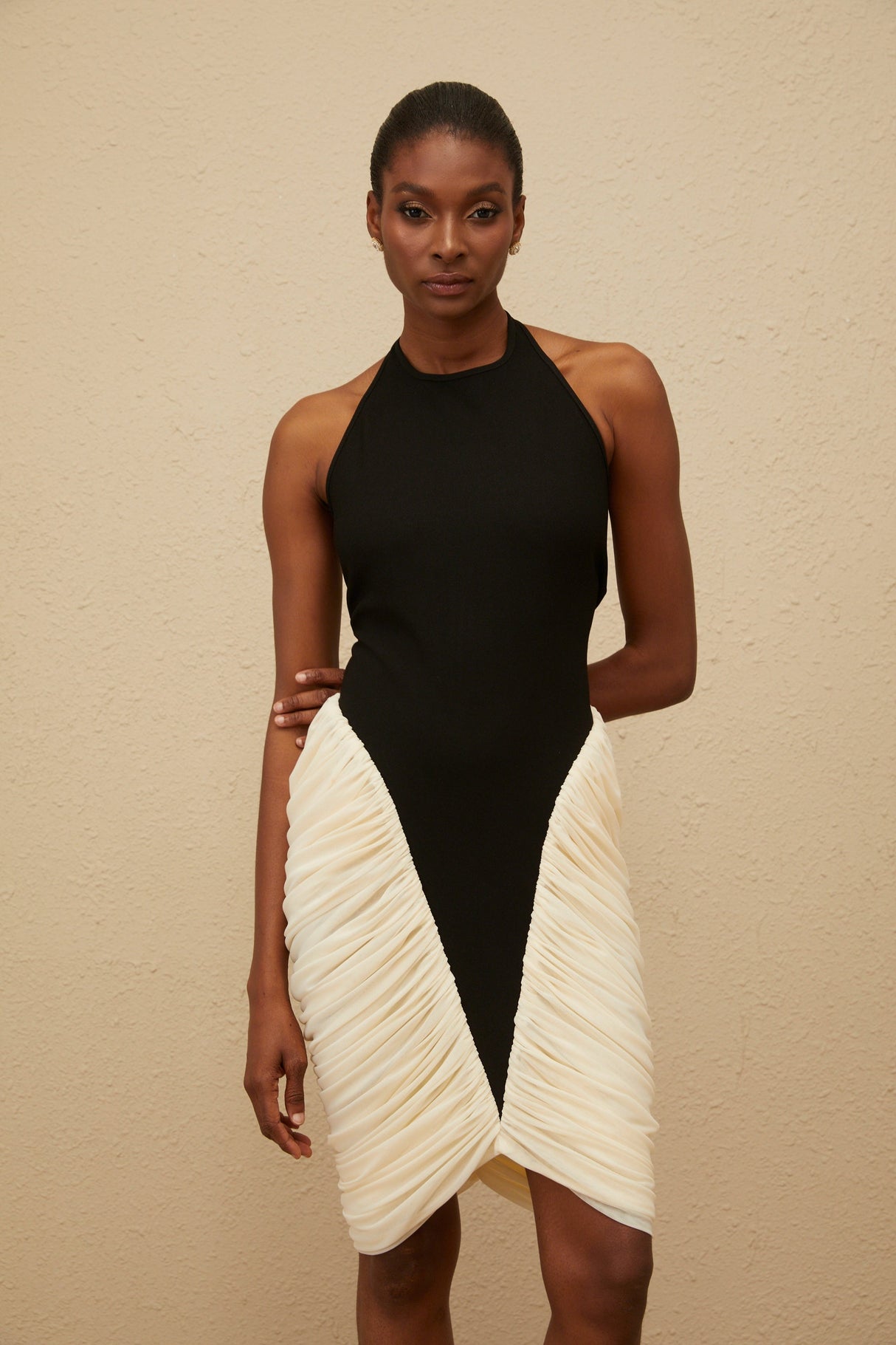 Aurohaya Jade Black Ruched Halterneck Midi Bodycon Dress