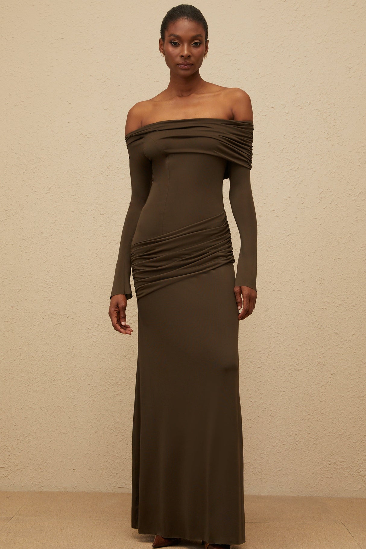Aurohaya Sensuelle Green One-Shoulder Ruched Maxi Dress
