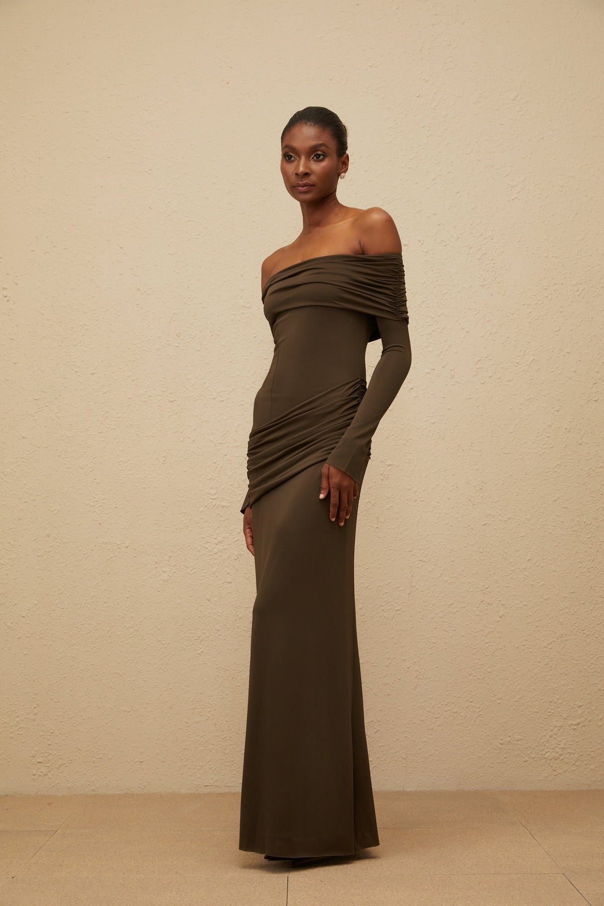 Aurohaya Sensuelle Green One-Shoulder Ruched Maxi Dress