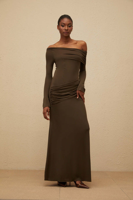 Aurohaya Sensuelle Green One-Shoulder Ruched Maxi Dress