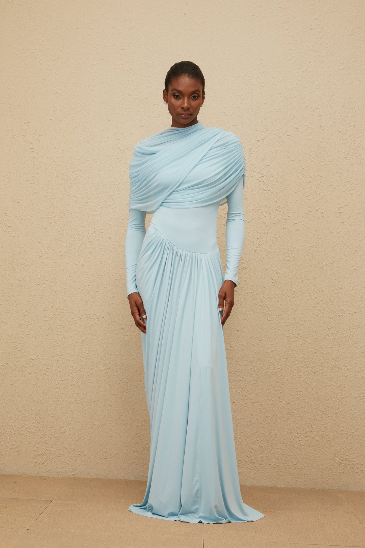 Aurohaya Catherine Baby-Blue Asymmetrical Pleated Long-Sleeve Maxi Dress