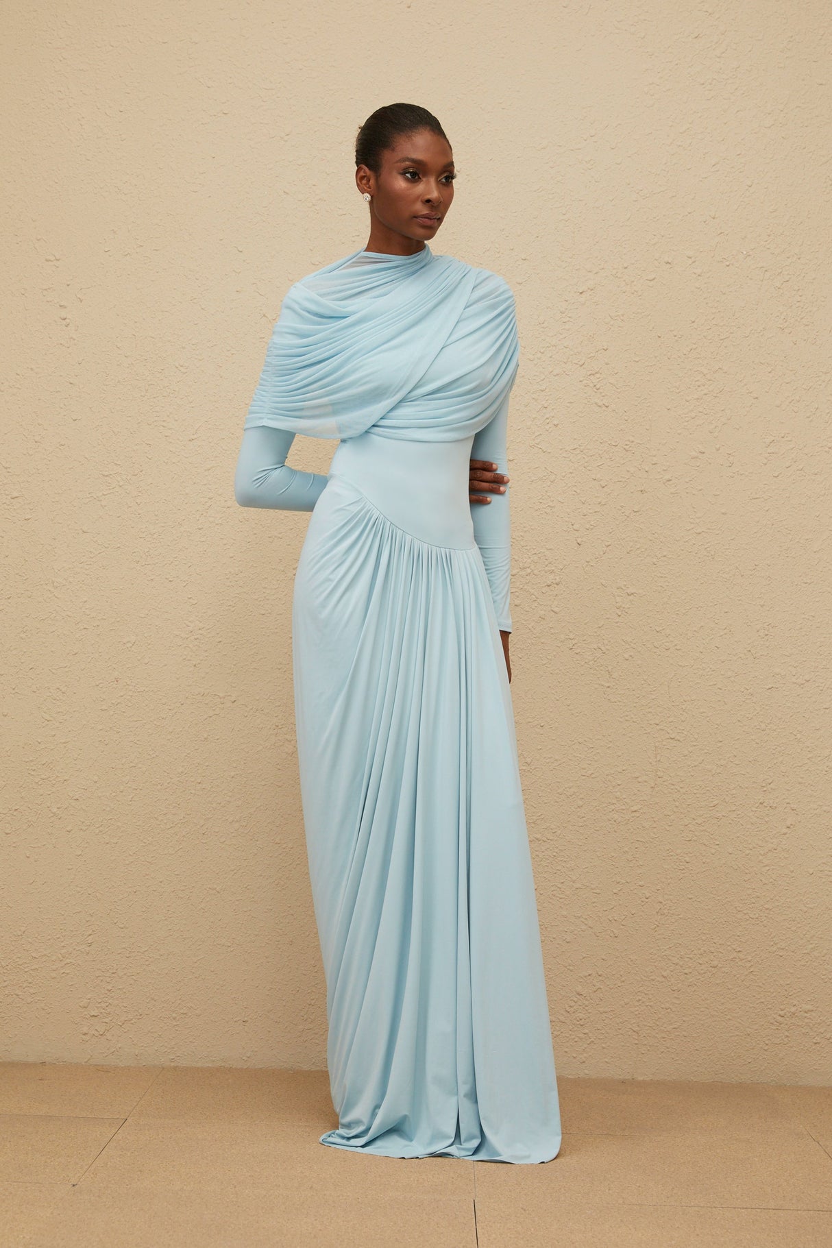 Aurohaya Catherine Baby-Blue Asymmetrical Pleated Long-Sleeve Maxi Dress