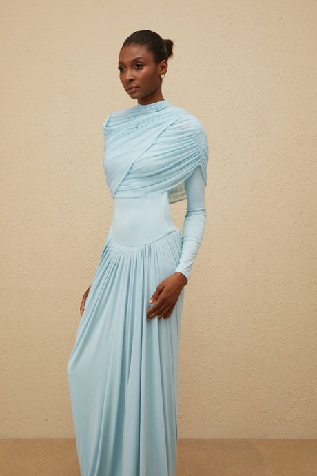 Aurohaya Catherine Baby-Blue Asymmetrical Pleated Long-Sleeve Maxi Dress