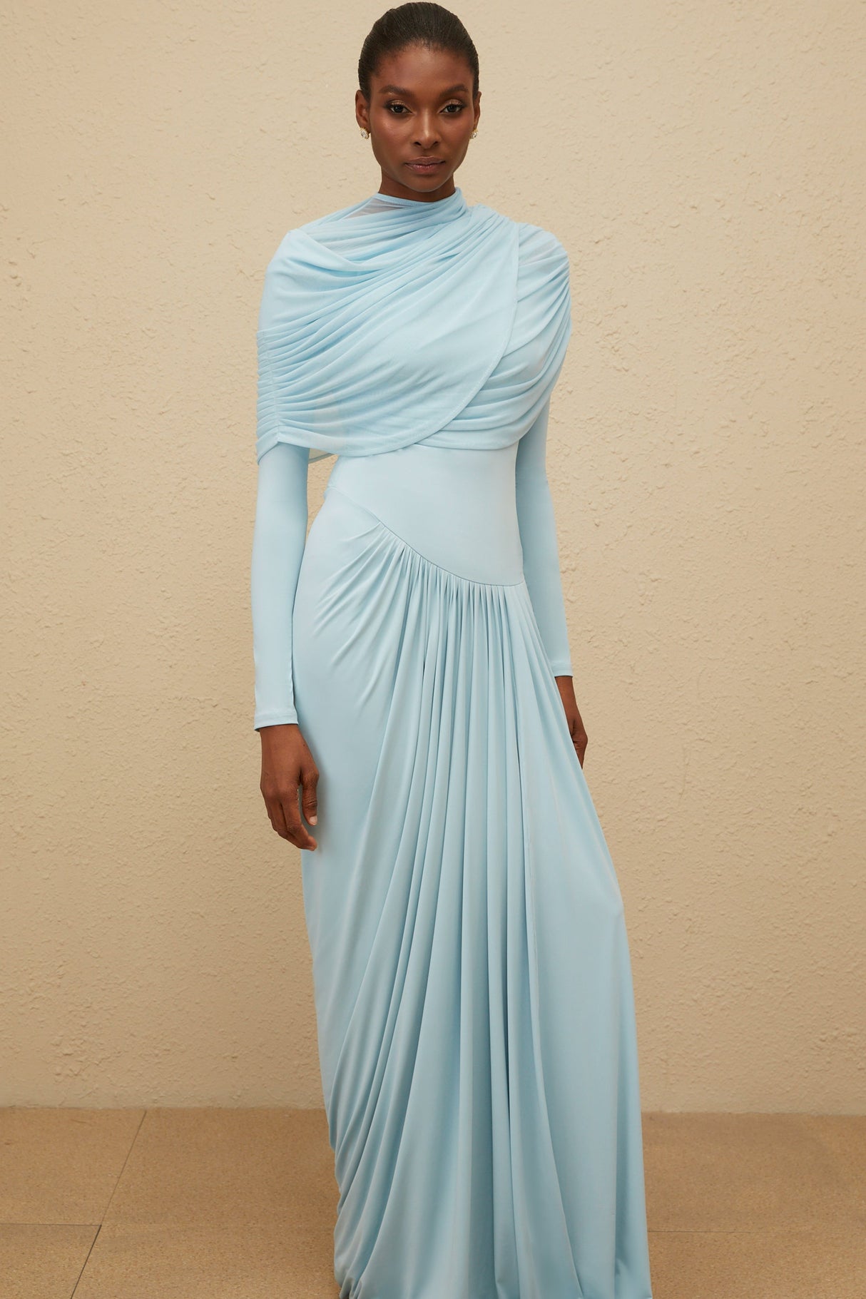 Aurohaya Catherine Baby-Blue Asymmetrical Pleated Long-Sleeve Maxi Dress