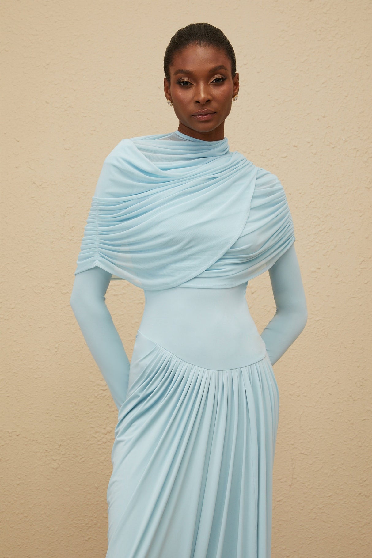 Aurohaya Catherine Baby-Blue Asymmetrical Pleated Long-Sleeve Maxi Dress