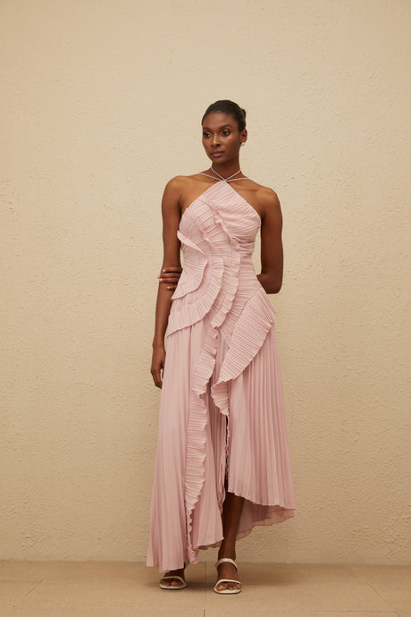 Aurohaya Doux Pink Ruffled Trim Pleated Midi Dress