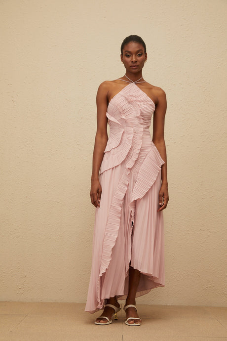 Aurohaya Doux Pink Ruffled Trim Pleated Midi Dress