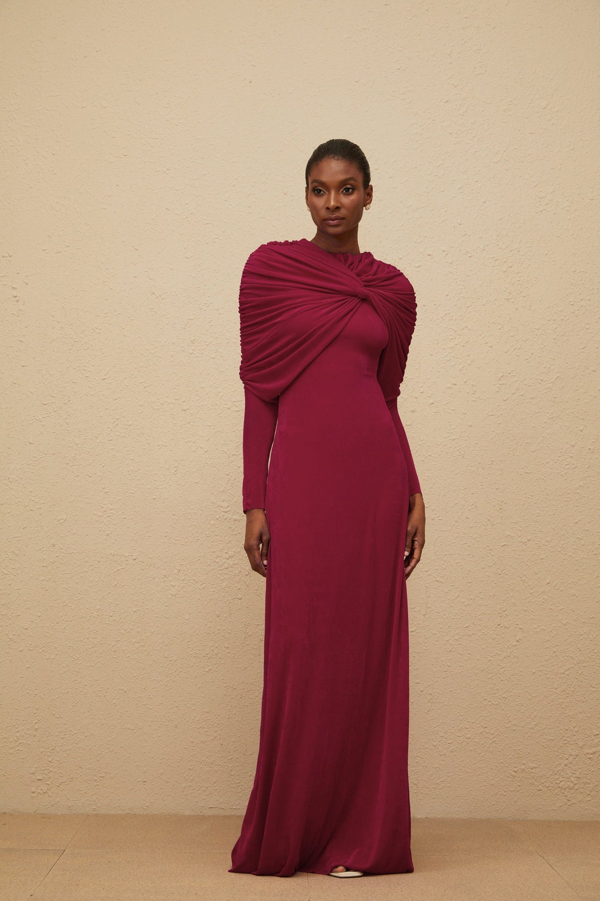 Aurohaya Moderne Red Cape-Design Ruched Maxi Dress