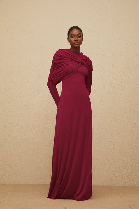 Aurohaya Moderne Red Cape-Design Ruched Maxi Dress