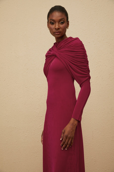 Aurohaya Moderne Red Cape-Design Ruched Maxi Dress