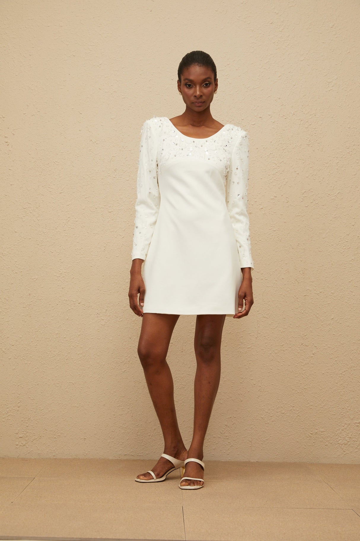 Aurohaya Aurore White Embellished A-line Mini Dress