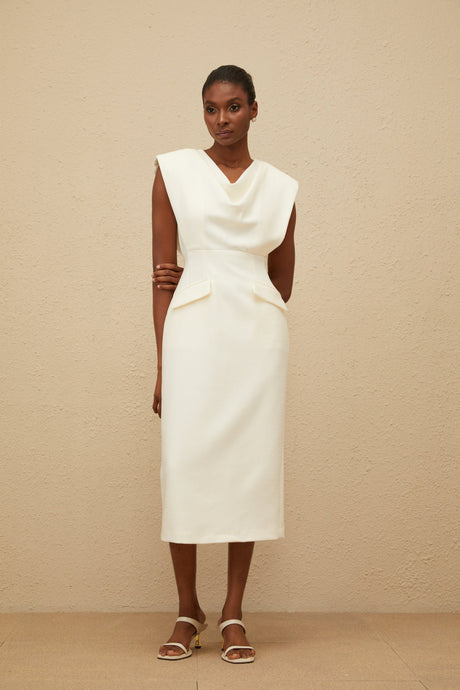 Aurohaya Ondine White Cowl-Neck Pencil Midi Dress