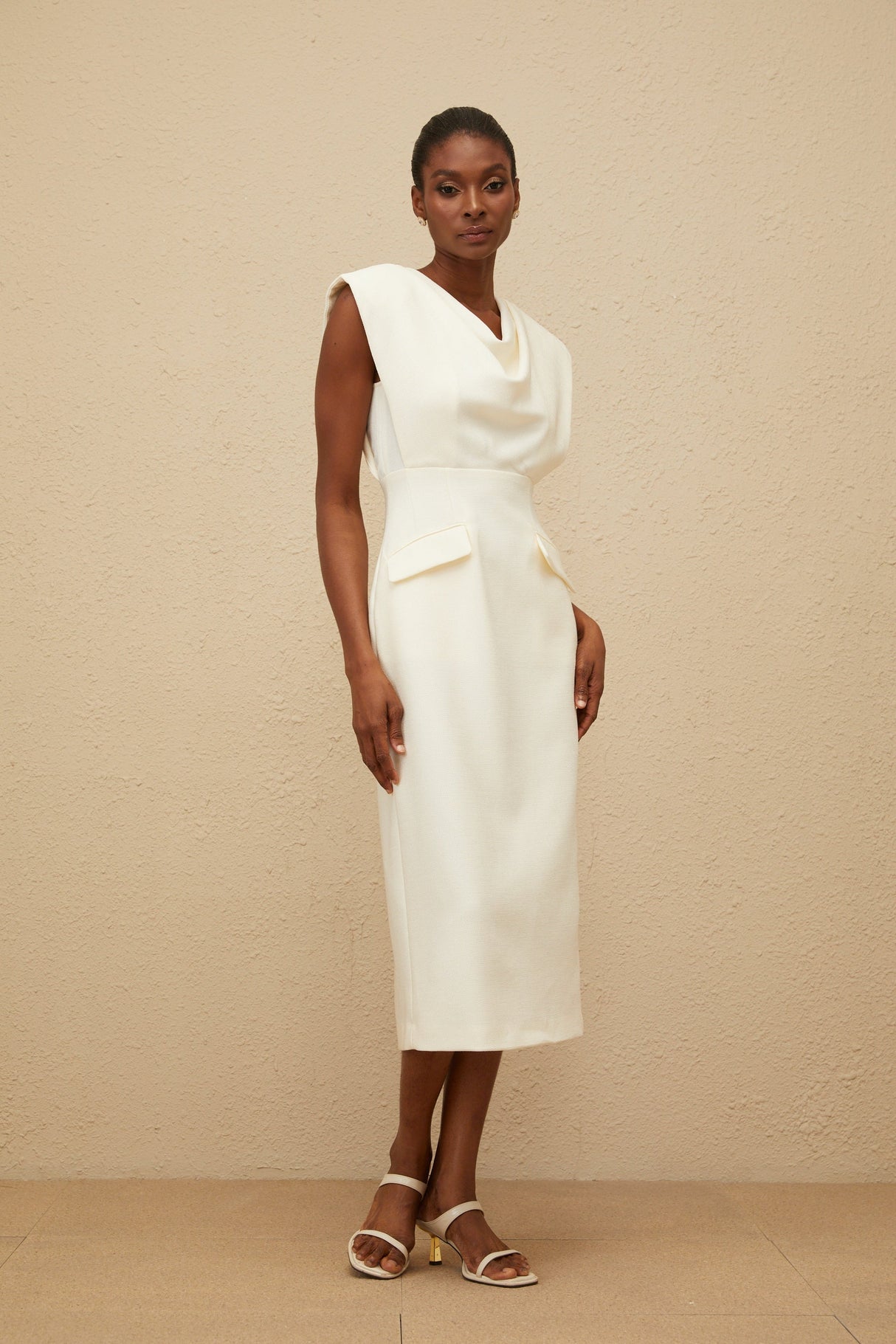 Aurohaya Ondine White Cowl-Neck Pencil Midi Dress