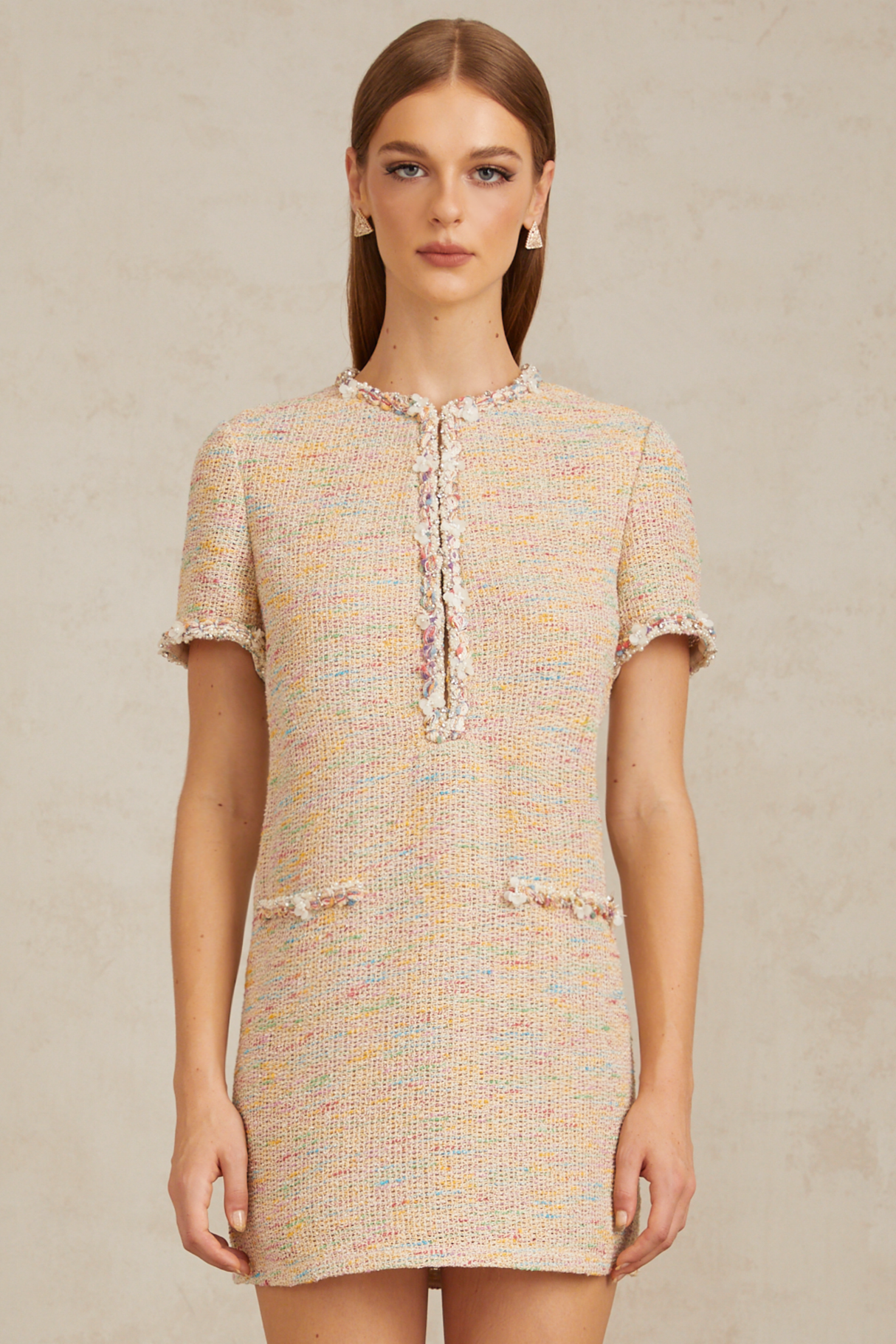 Aurohaya Palme Neutral Embellished Crochet Knit Mini Dress