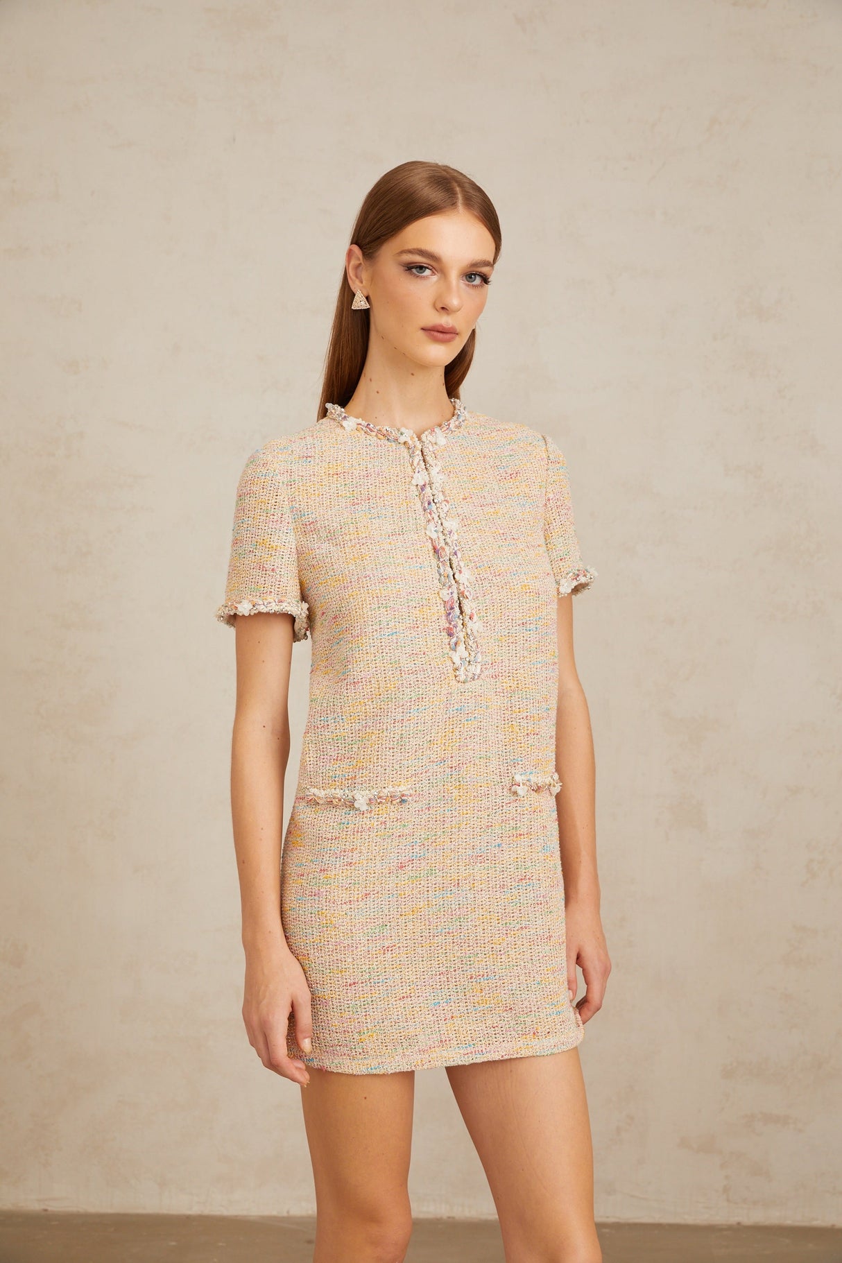 Aurohaya Palme Neutral Embellished Crochet Knit Mini Dress