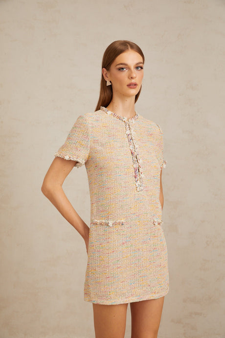 Aurohaya Palme Neutral Embellished Crochet Knit Mini Dress
