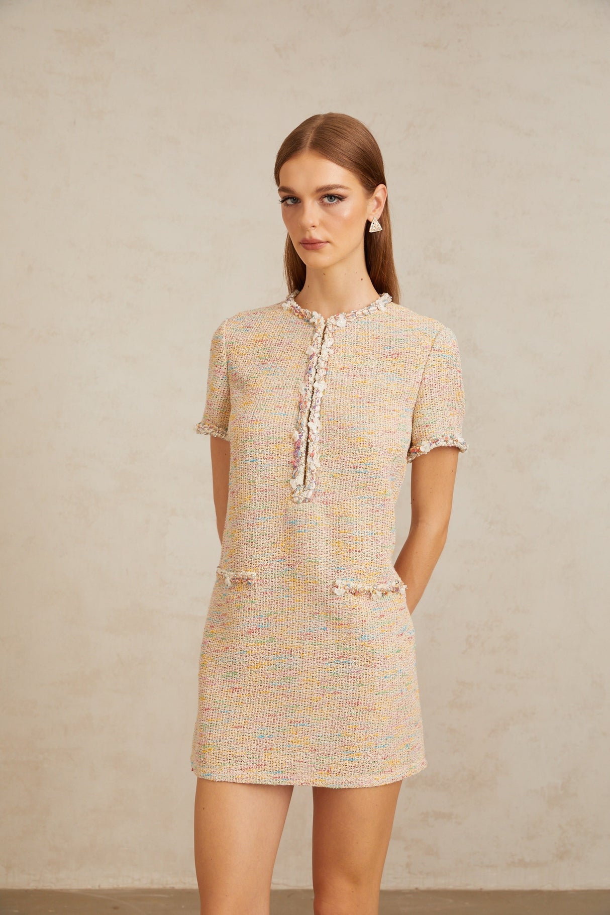 Aurohaya Palme Neutral Embellished Crochet Knit Mini Dress